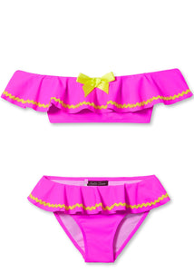 Neon Pink Bikini with Yellow Ric Rac & Bow