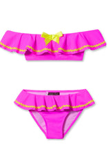 Load image into Gallery viewer, Neon Pink Bikini with Yellow Ric Rac &amp; Bow
