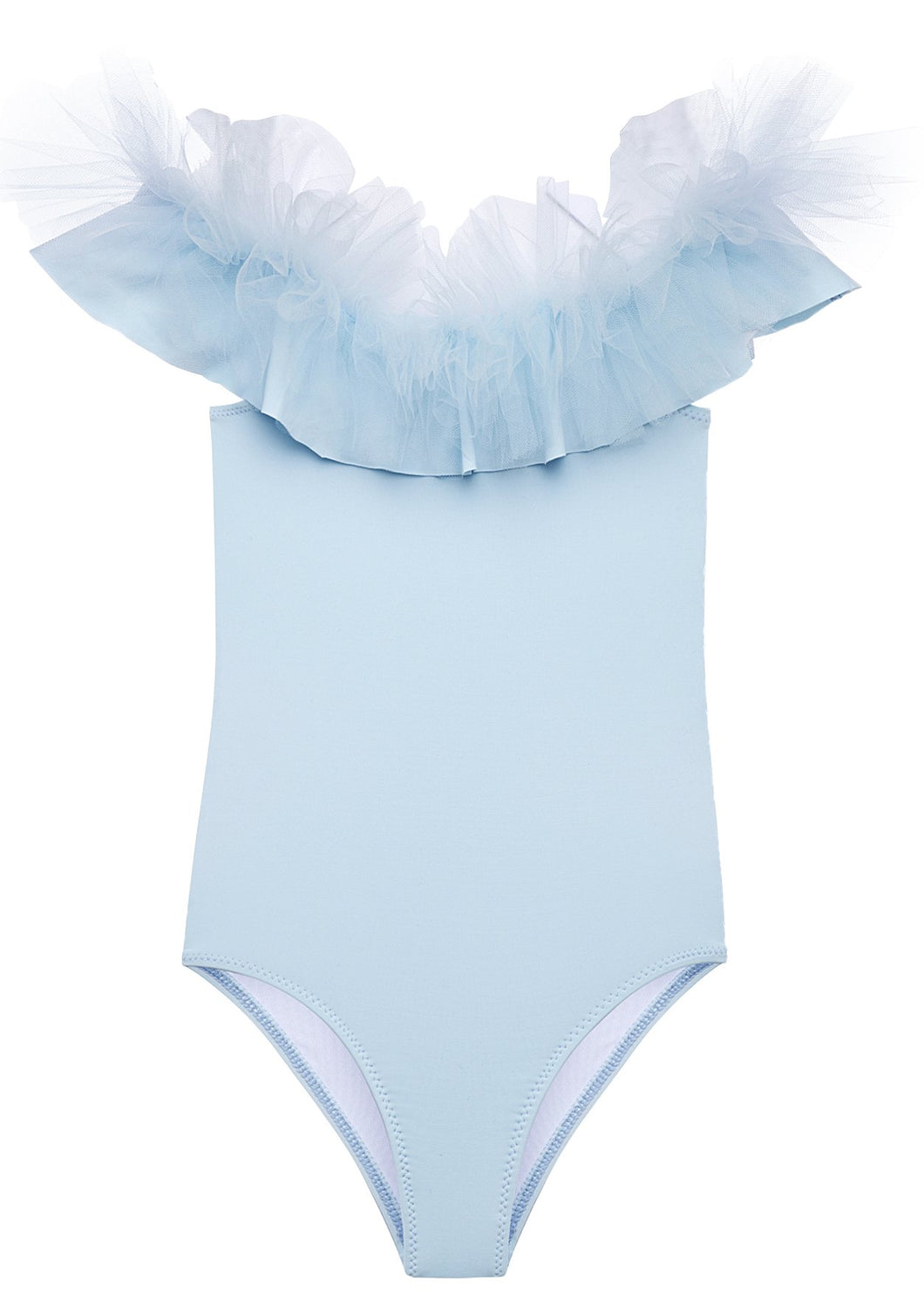 CLEARANCE - Instock Blue Draped Swimsuit with Tulle Size 2