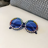 Blue with Blue Lense Color Rhinestone Round Frame Sunnies