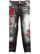 Load image into Gallery viewer, Clearance - Malibu Sugar Distressed Denim and Roses Leggings - Size 4-6X
